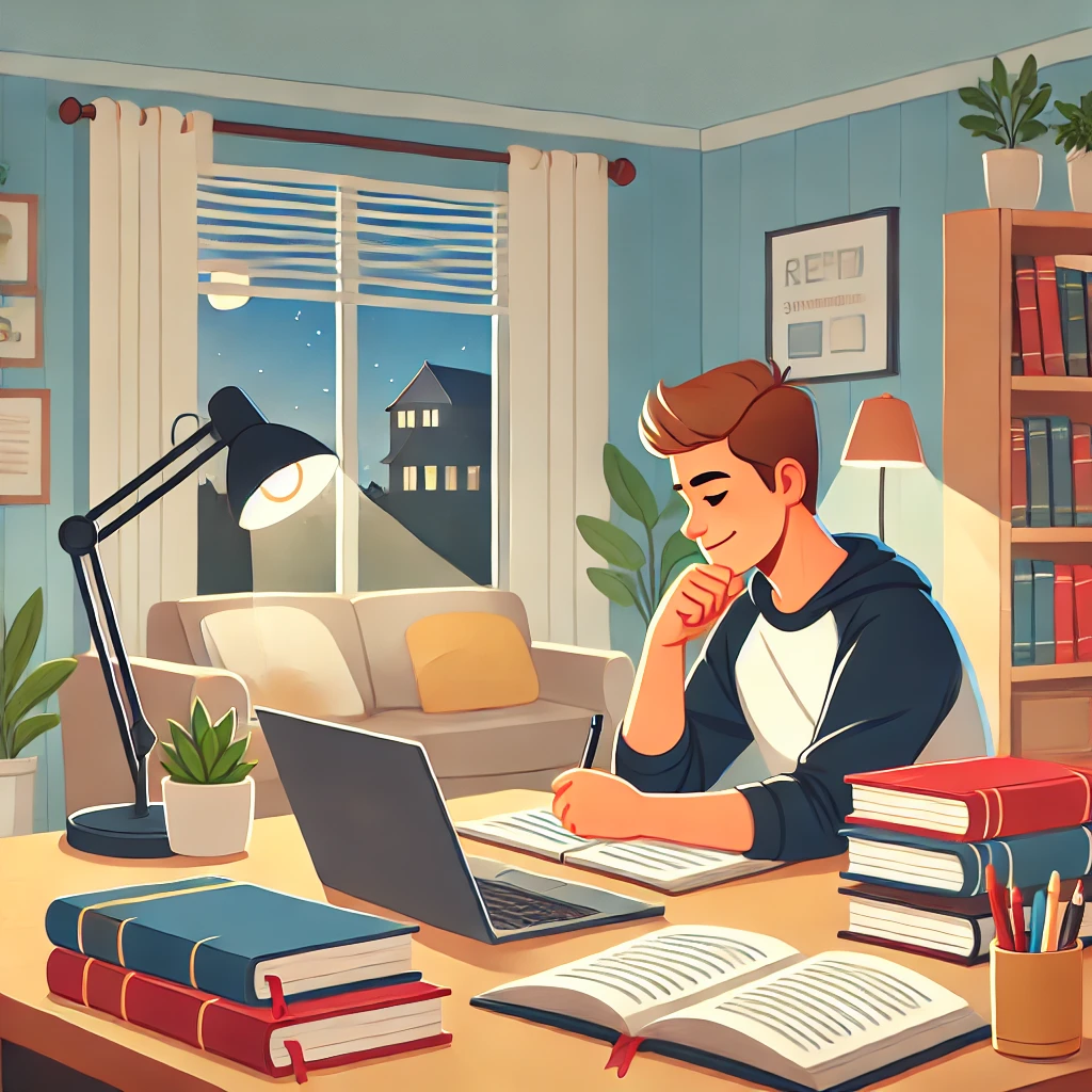 depicting a person sitting at a desk, focused on studying with a motivational and diligent atmosphere.