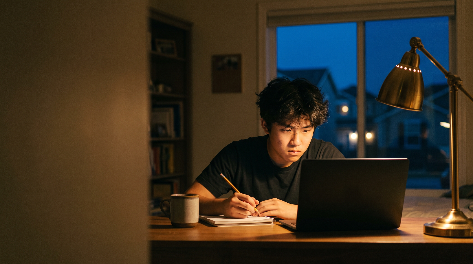 밤에 책상에서 공부하는 12학년 학생 — 12학년 1학기 성적과 미드이어 리포트